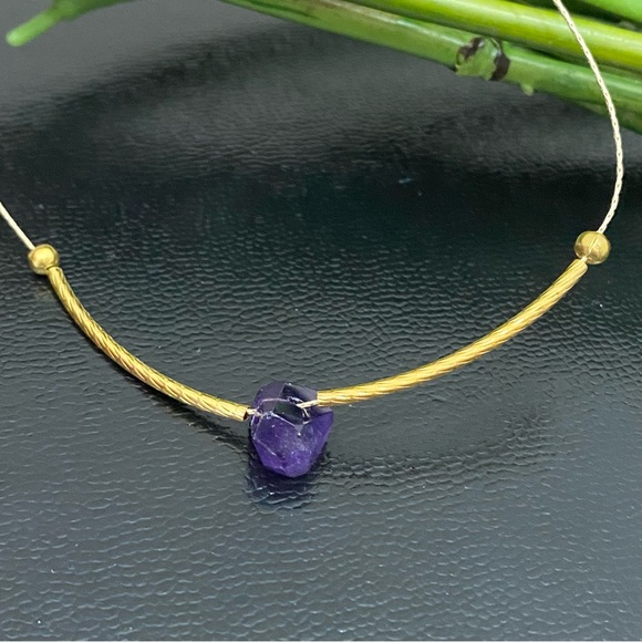 Natural Raw Amethyst Pendant Magnetic Clasp Gold-tone Skinny Chain Necklace - Picture 7 of 12